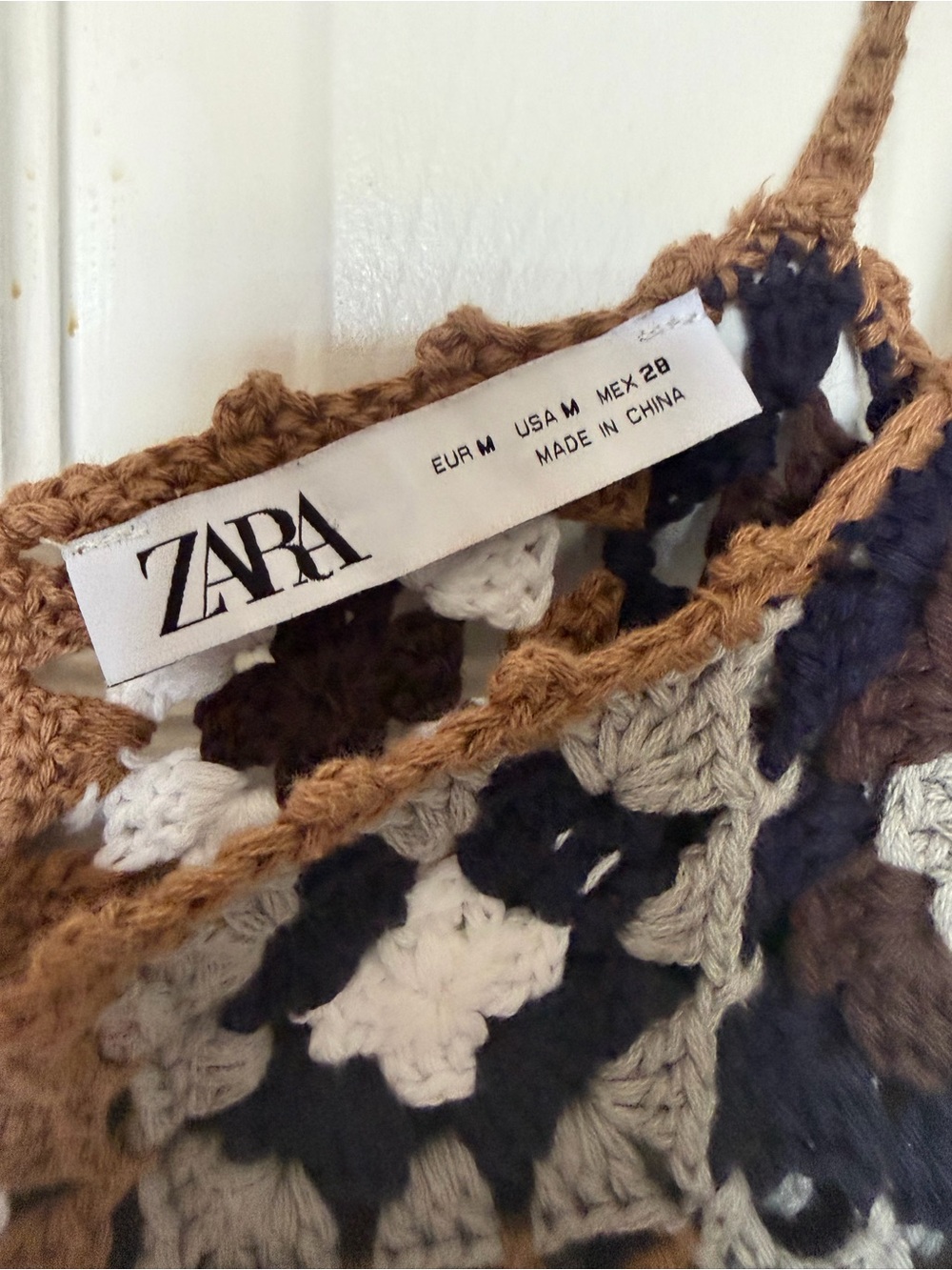 Zara MixedCrochet Patchwork Top in Brown, Black & Cream Size M - Picture 7 of 9
